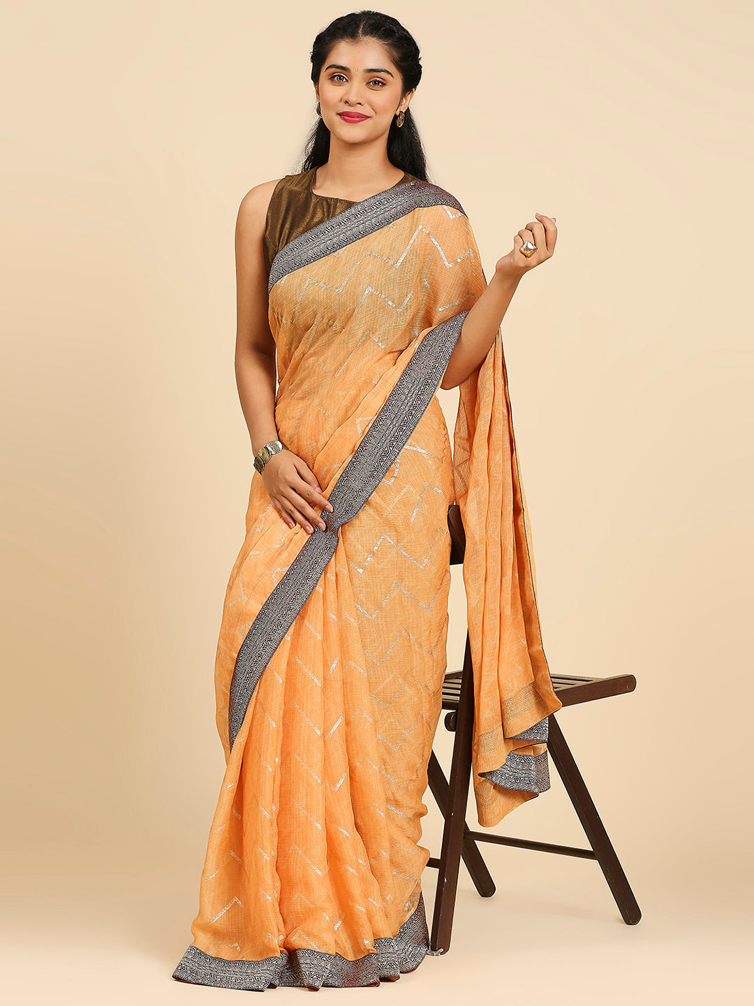 Orange Saree With Golden Border | Pure Kanjivaram Silk Saree | Orange Sarees  | Silk Sarees – Lady India