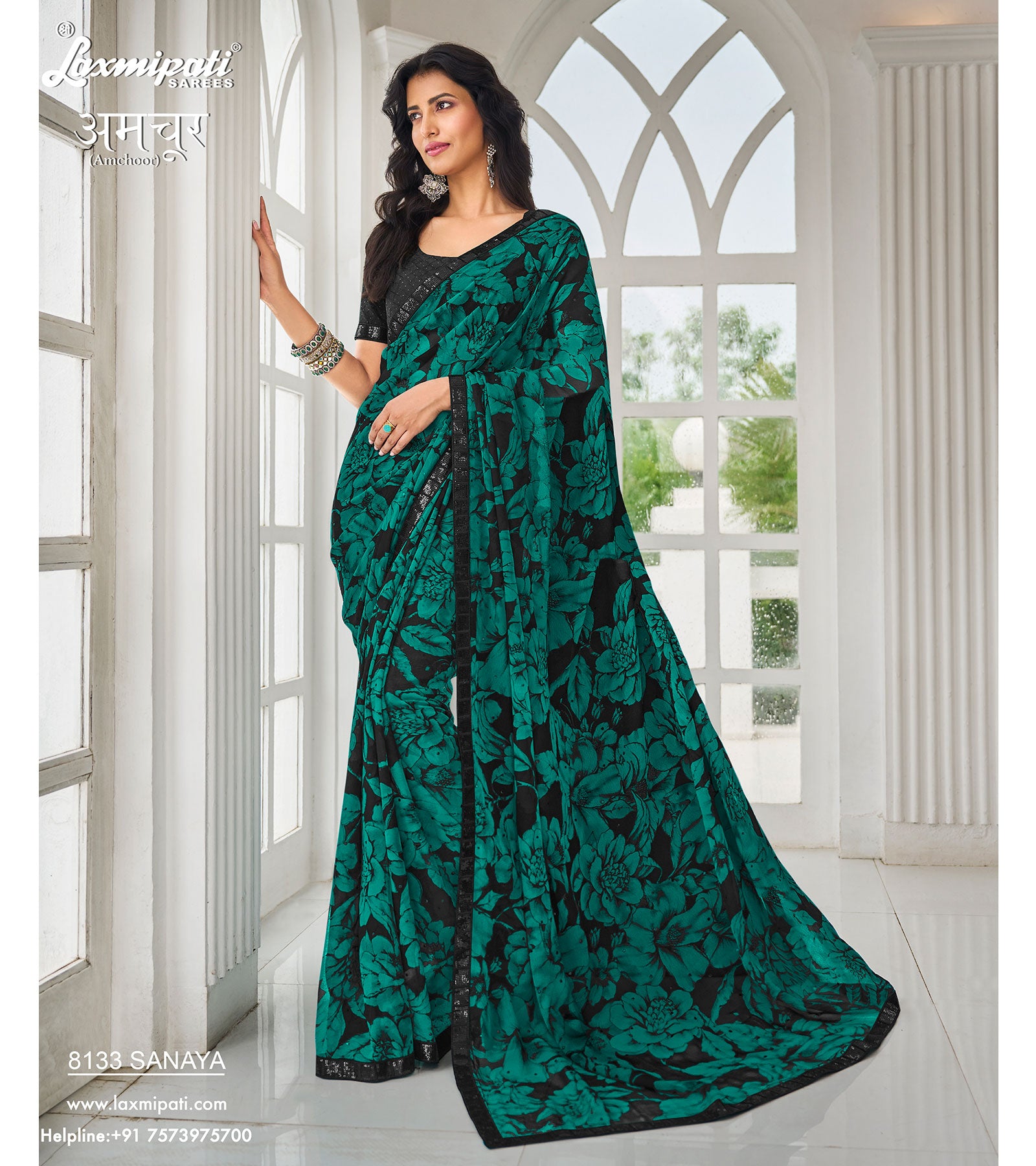 Vishal Prints Green Satin Saree With Embroidery And Diamond Work