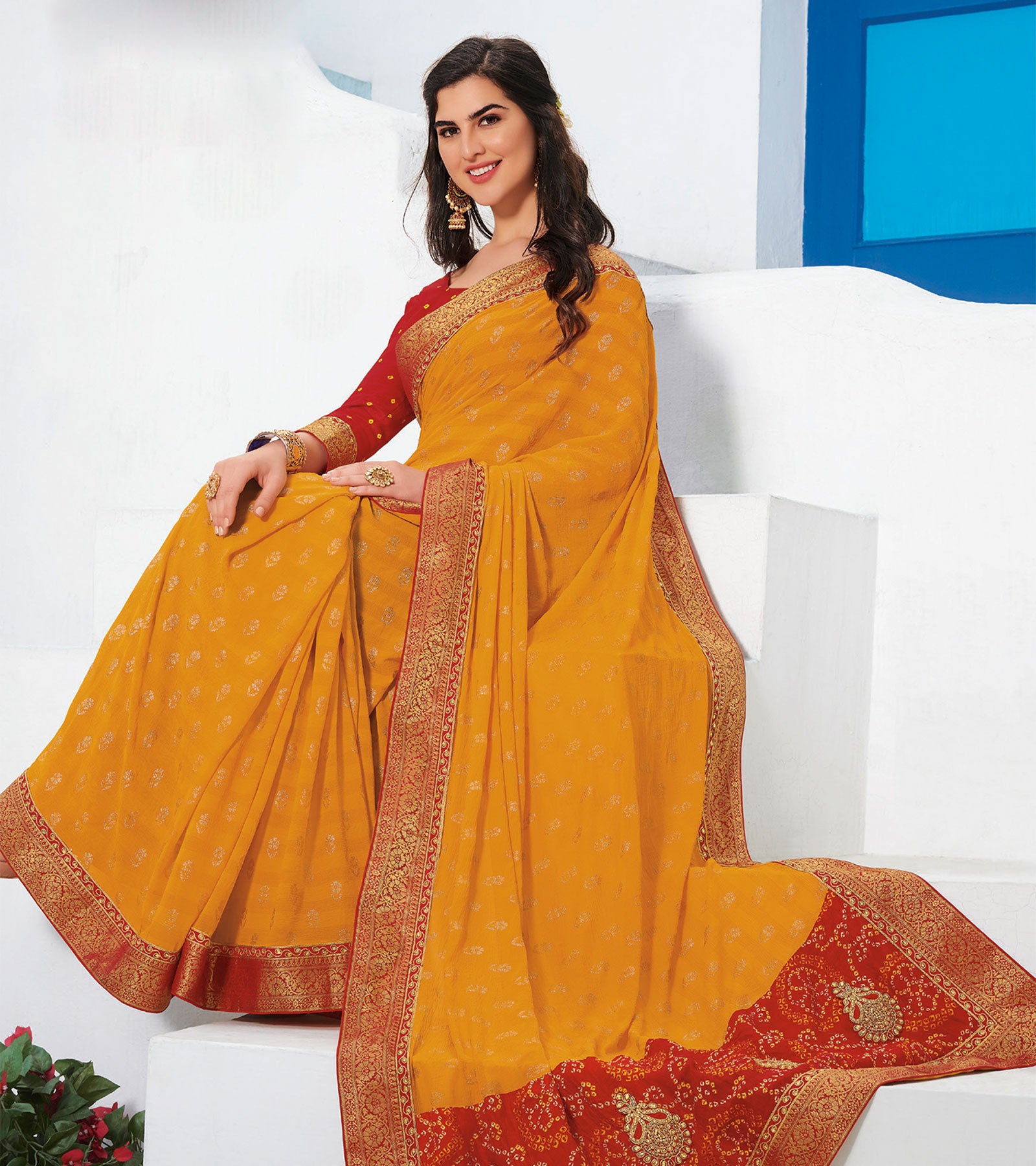 Yellow Bandhani Printed With Embroidered Border Chiffon Saree