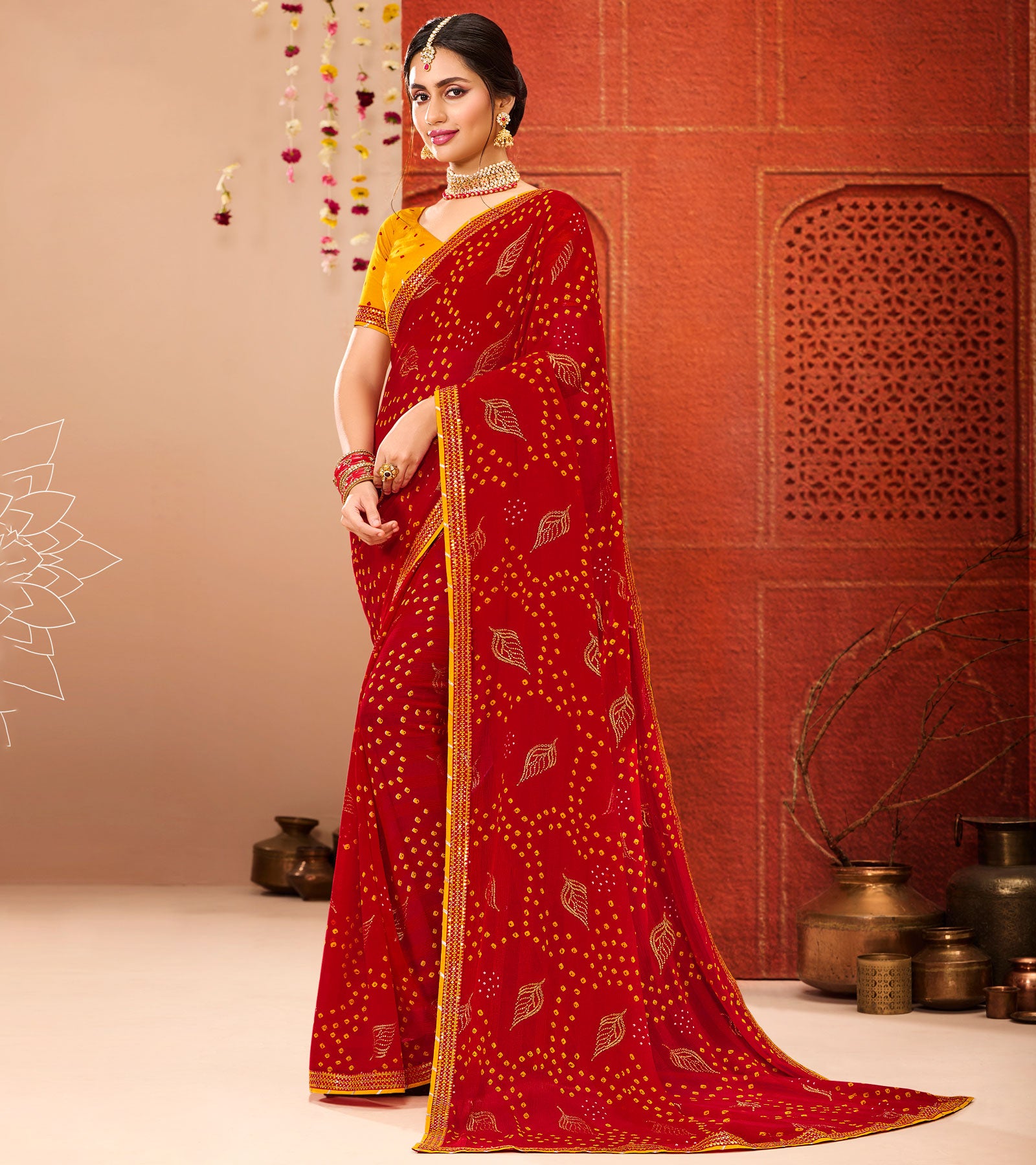 Digital Printed Chiffon Saree in Mustard and Red : SSF18771