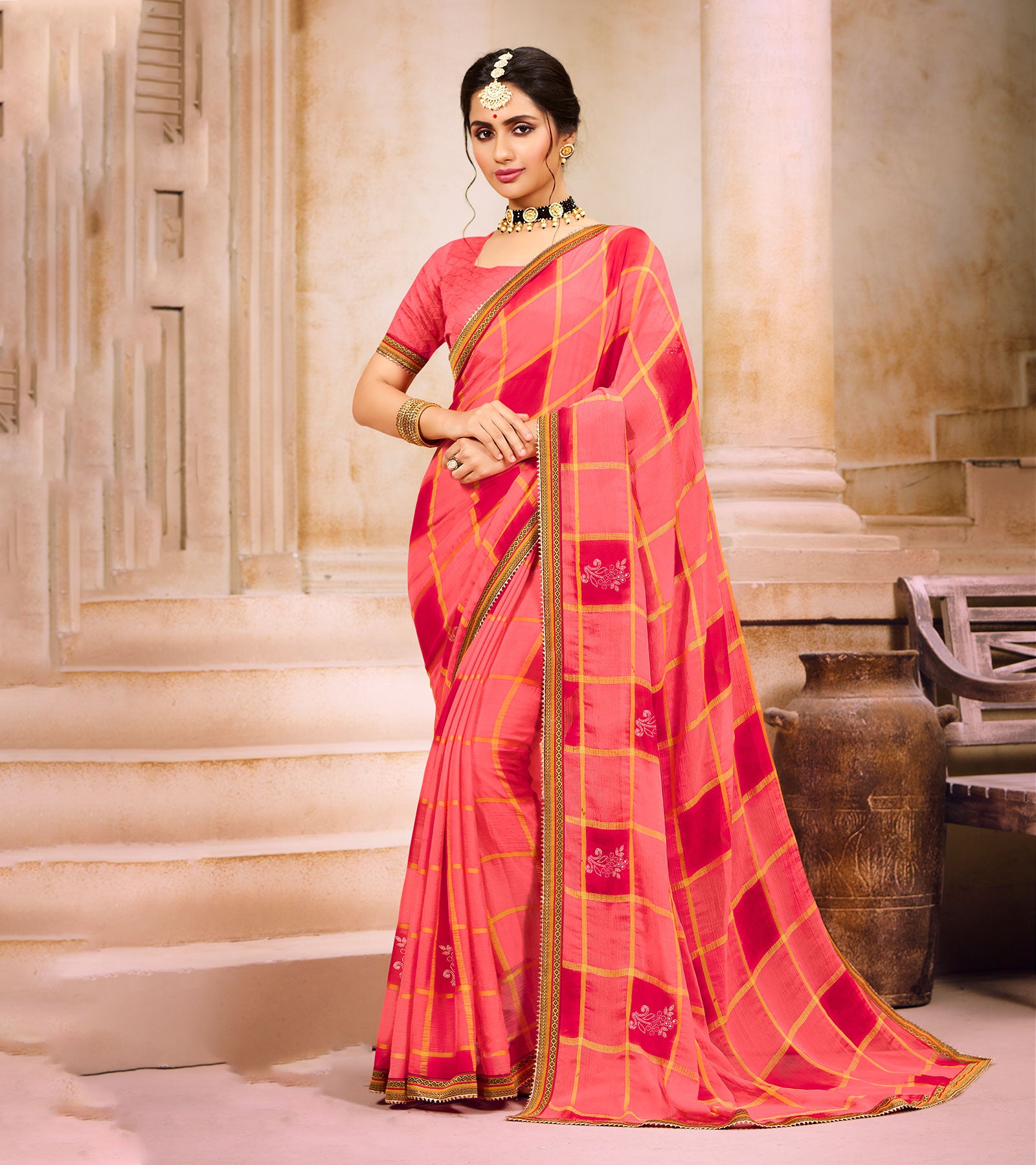 Buy Laxmipati Sarees Solid Fashion Georgette Pink, Yellow Sarees Online @  Best Price In India | Flipkart.com