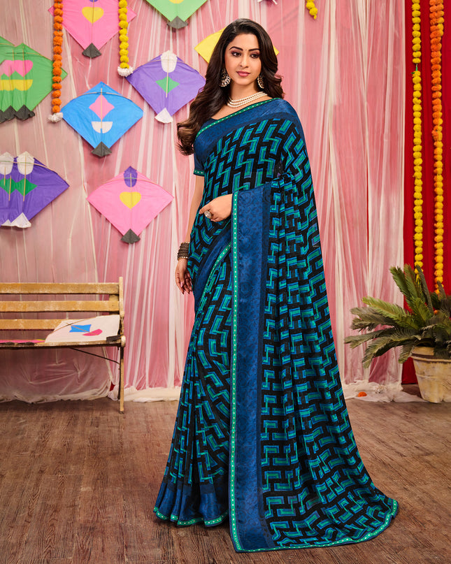 Navy Blue Two Tone Georgette Saree And Mexico Pattern Silk & Net Blous –  paanericlothing