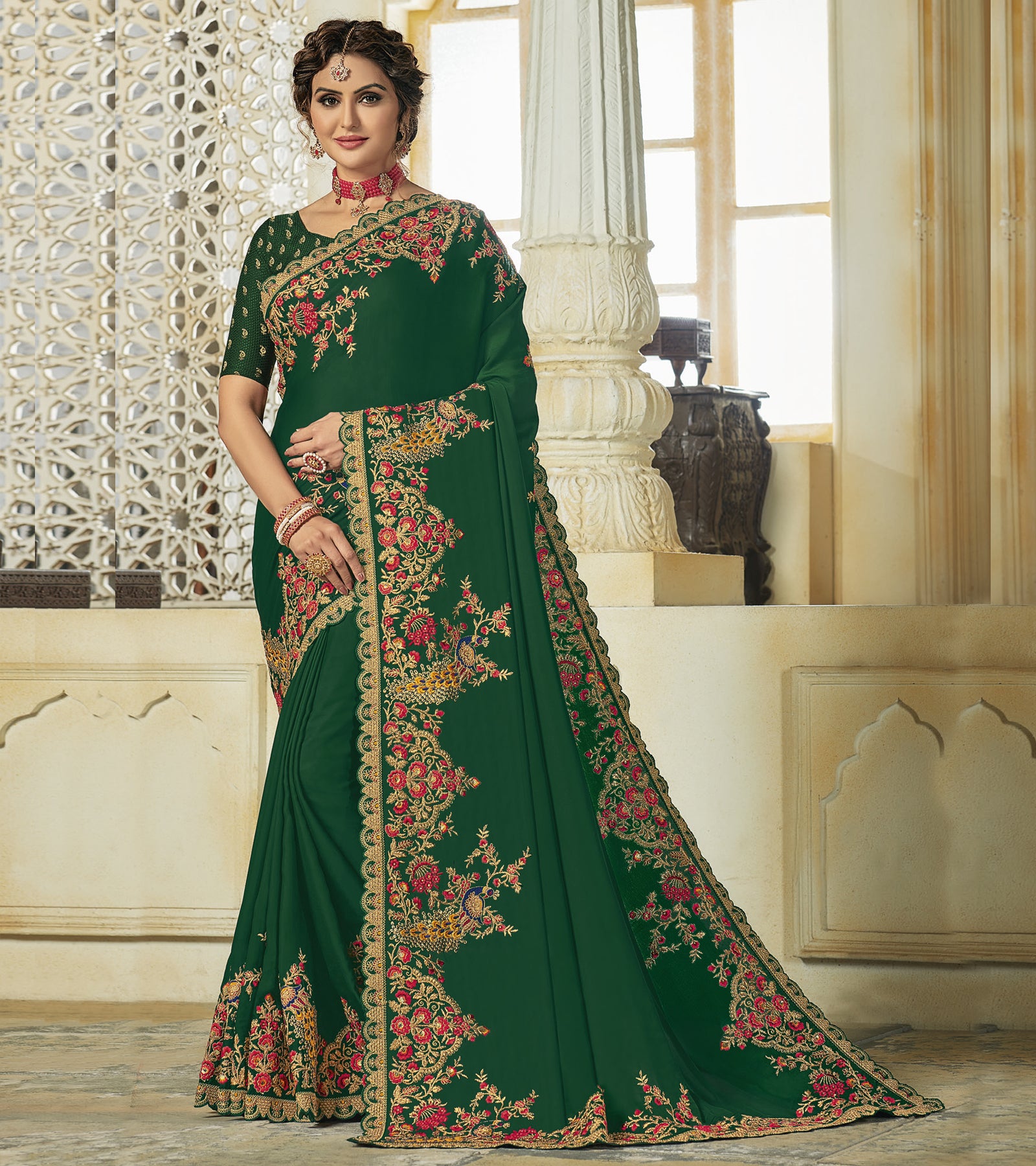 Bottle Green Banarasi Soft Silk Party Wear Saree | Latest Kurti Designs