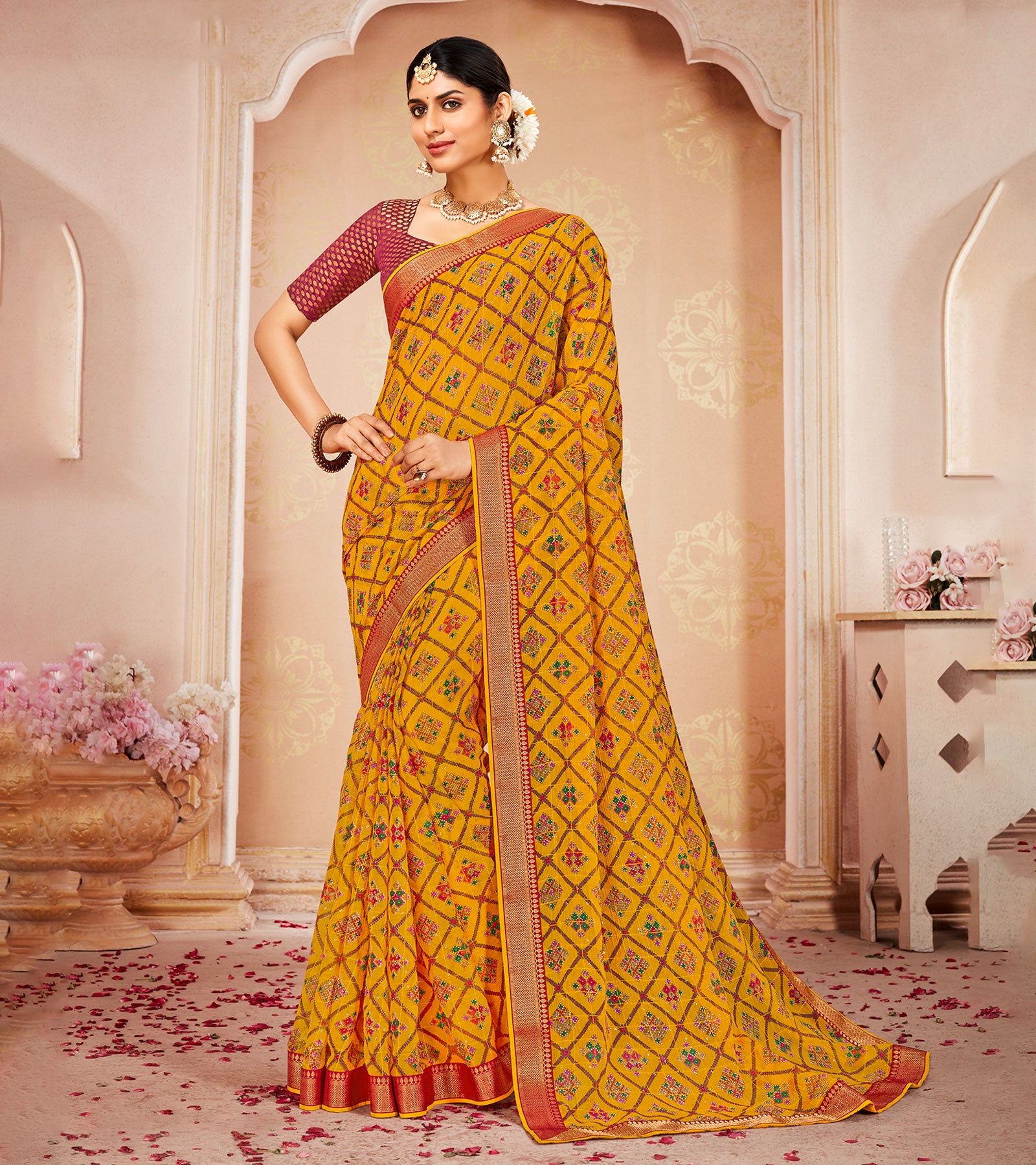 Buy LAXMIPATI PAHELI LP-4716 Yellow Chiffon SAREE BY SANSKAR SAREES at  Amazon.in