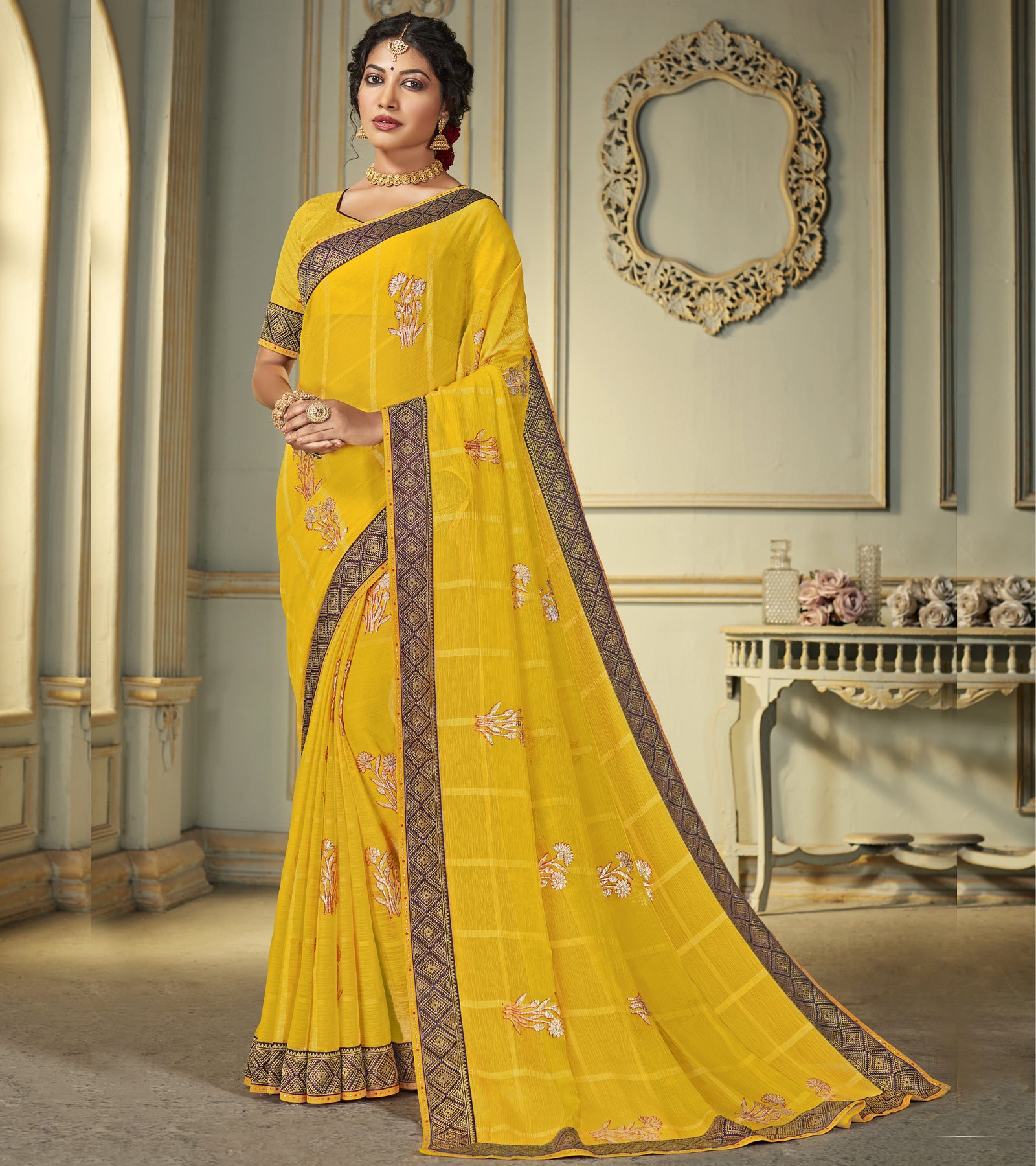 Buy online Yellow Chiffon Saree from ethnic wear for Women by Laxmipati  Sarees for ₹1939 at 0% off | 2024 Limeroad.com