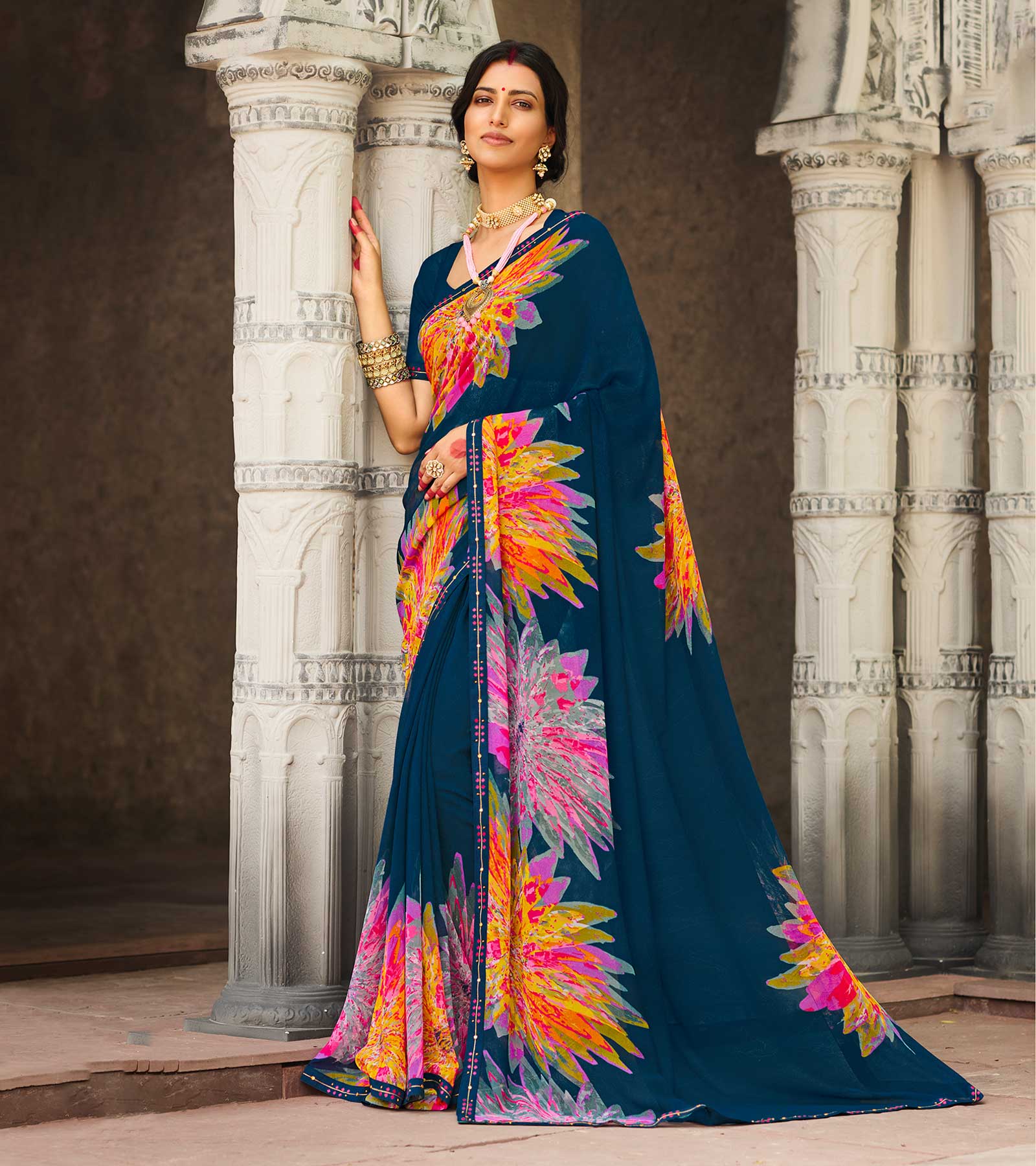 Multicolor Printed Georgette Saree – Laxmipati Sarees | Sale