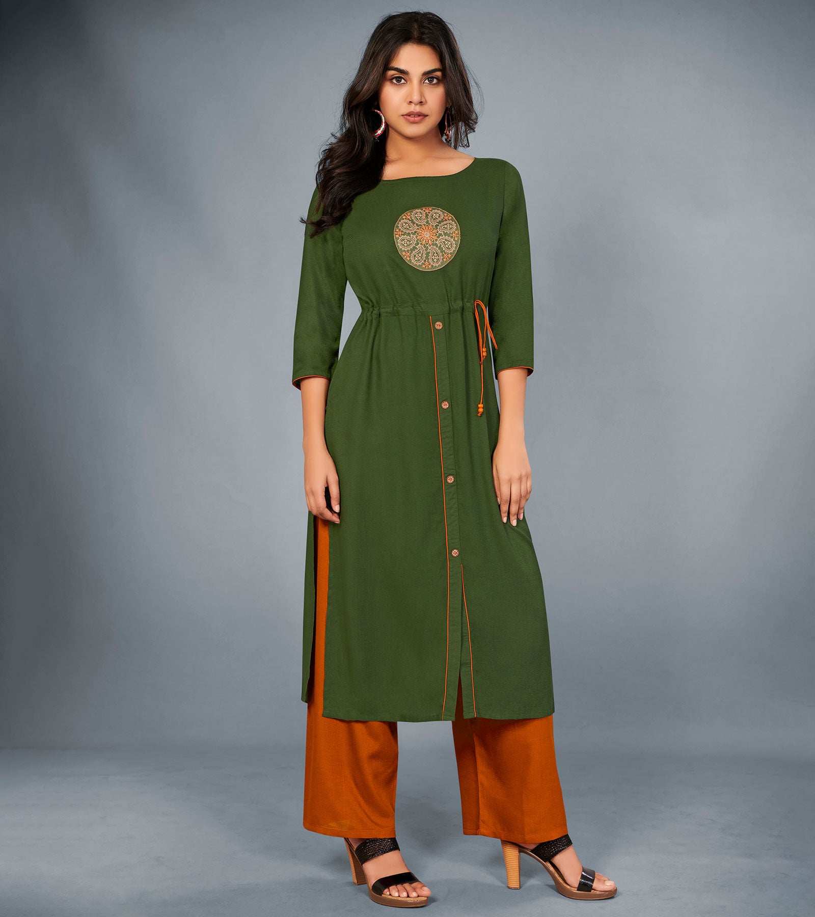 Dark Green Front Button design Party Dress | Front embroidered round neck  festival party wear, Bohemian cotton relax midi ankle silhouette | Designer  party wear dresses, Kurti designs, Designs for dresses