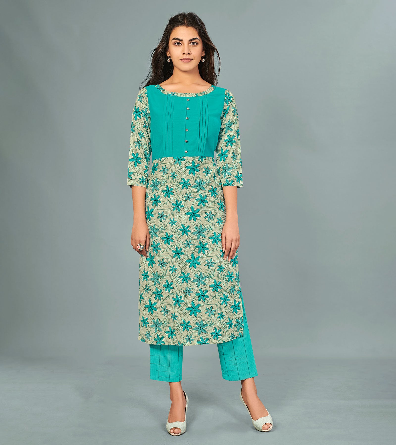 CLOTHING ART - ANARKALI - PURE 60*60 COTTON PRINTED CENTER CUT KURTI WITH  DESIGNER SLEEVES WITH PURE 60-60 COTTON PRINTED PANT - WHOLESALER AND DEALER