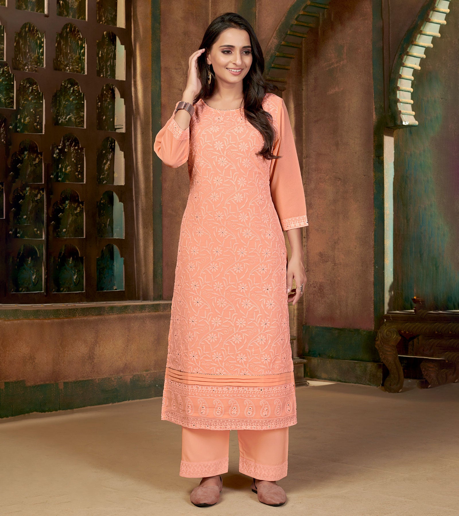 Linen Cotton Embroidery Kurti In Peach Colour