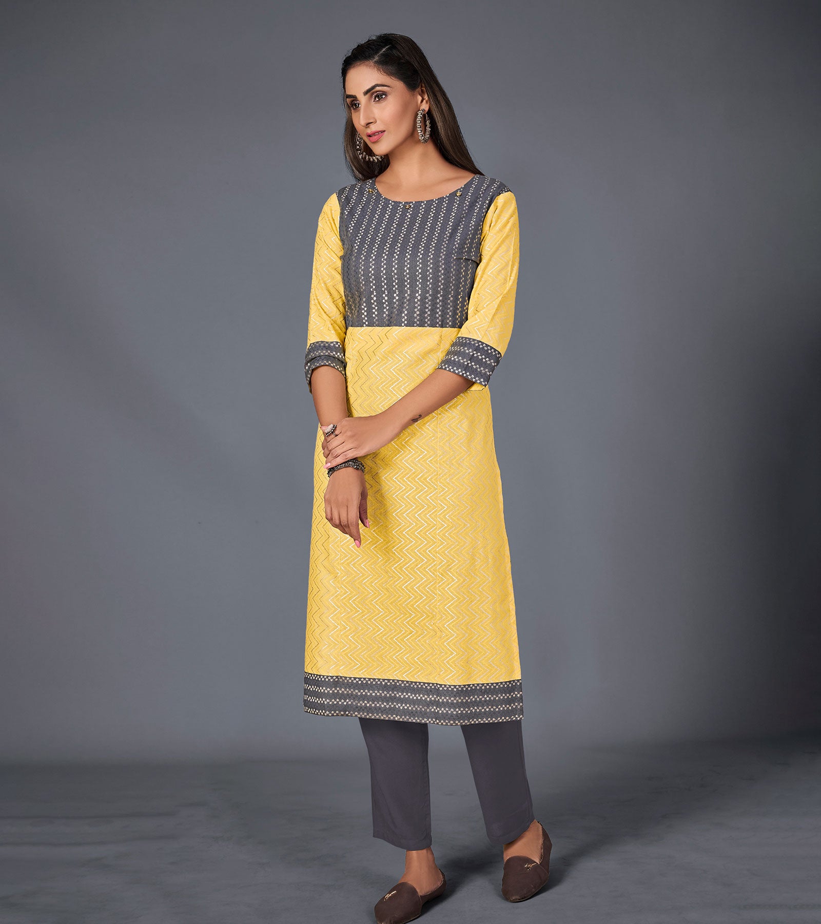 Cotton Silk Woven Kurti In Lemon Colour KR05419313