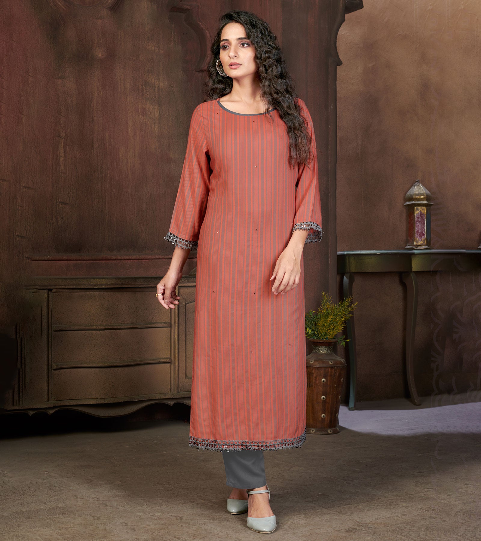 Rust Orange cotton straight Kurti with ikkat patch on neck and hands –  Andam Fashions
