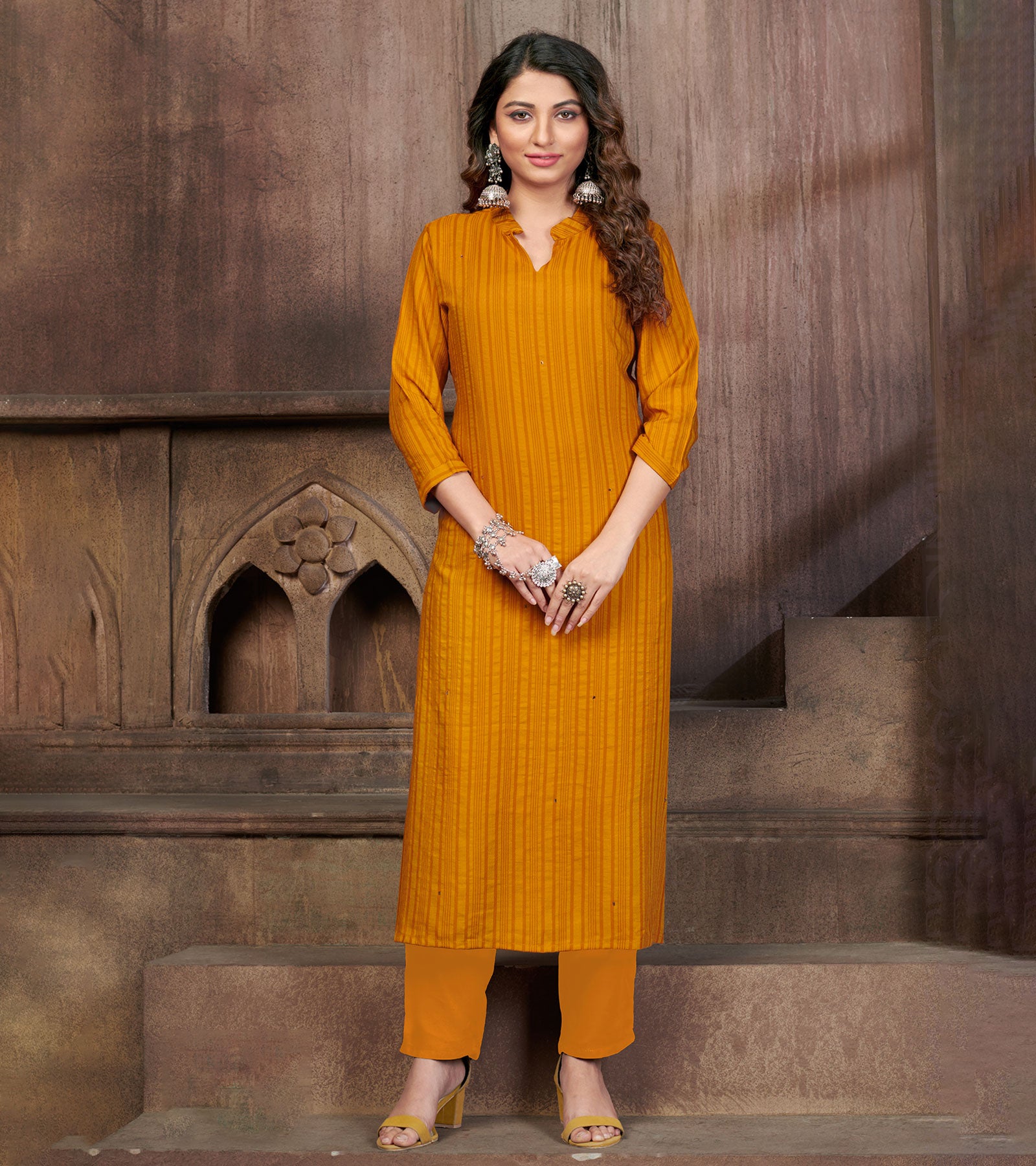 Golden Yellow with Mirror Work Floral Printed Cotton Kurti Set – Gatim  Fashions