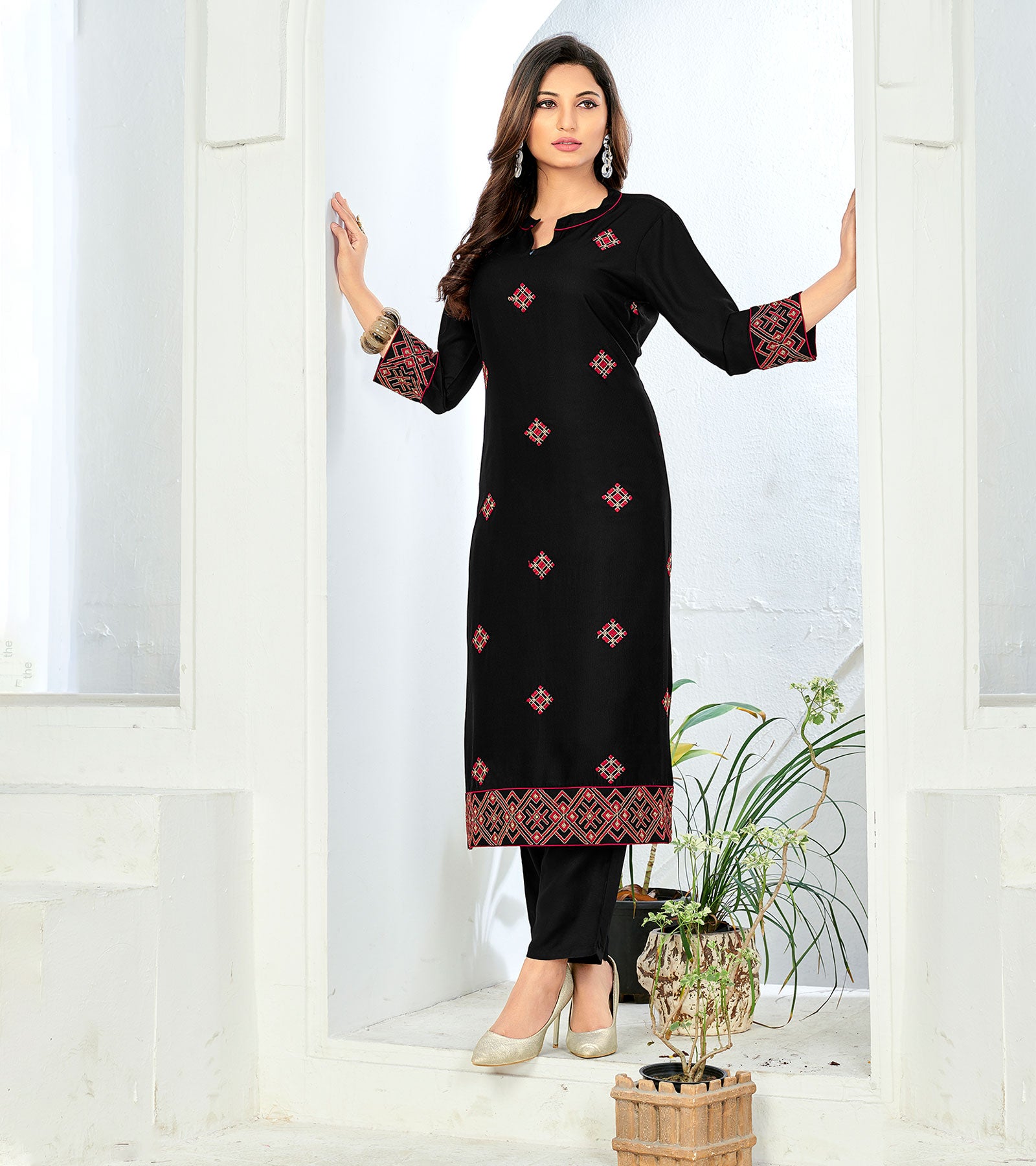 Black Embroidered less kurti with pant