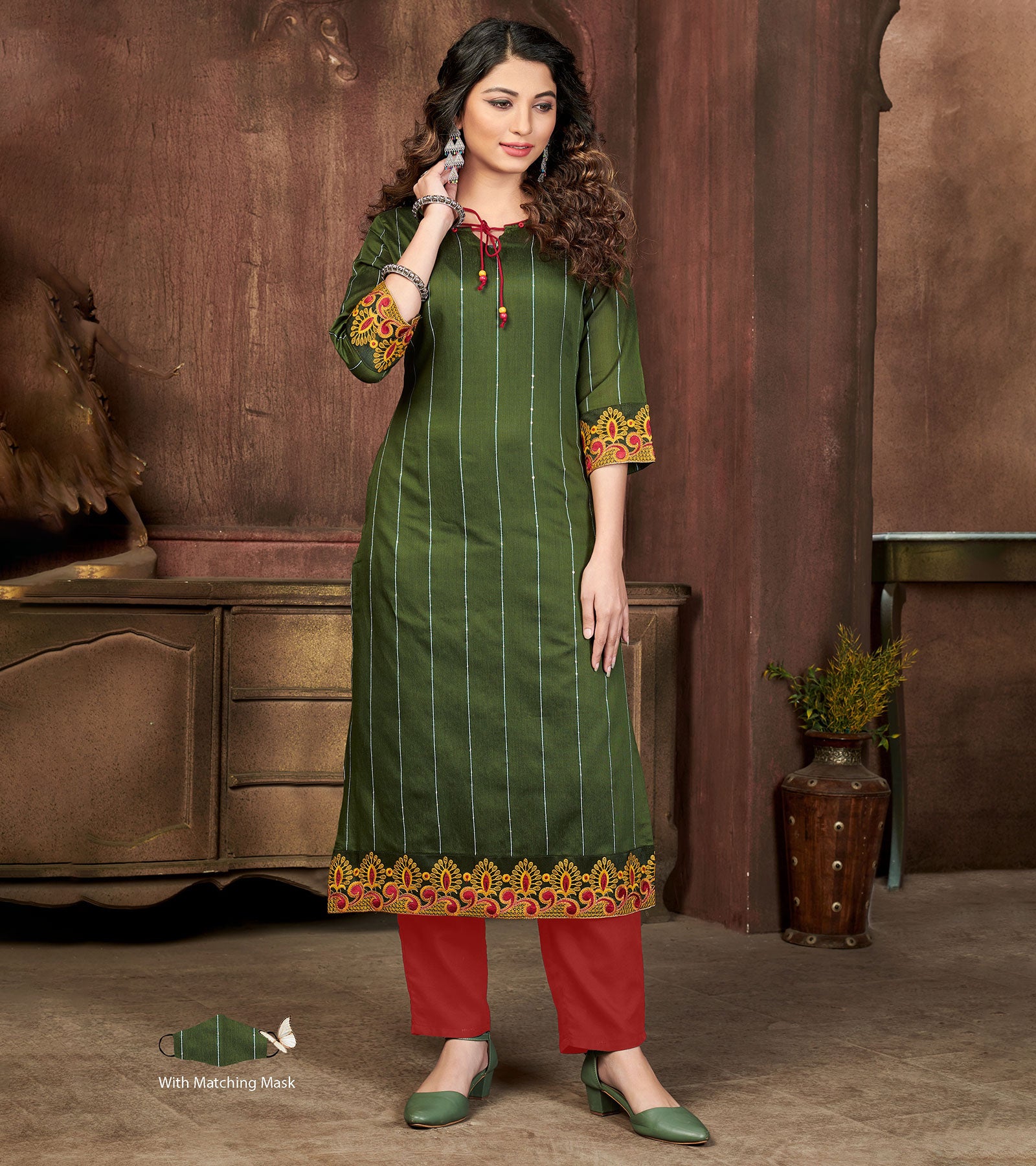 Yellow & Green Combo Semi Anarkali Kurti with Pant - Styleshedoes