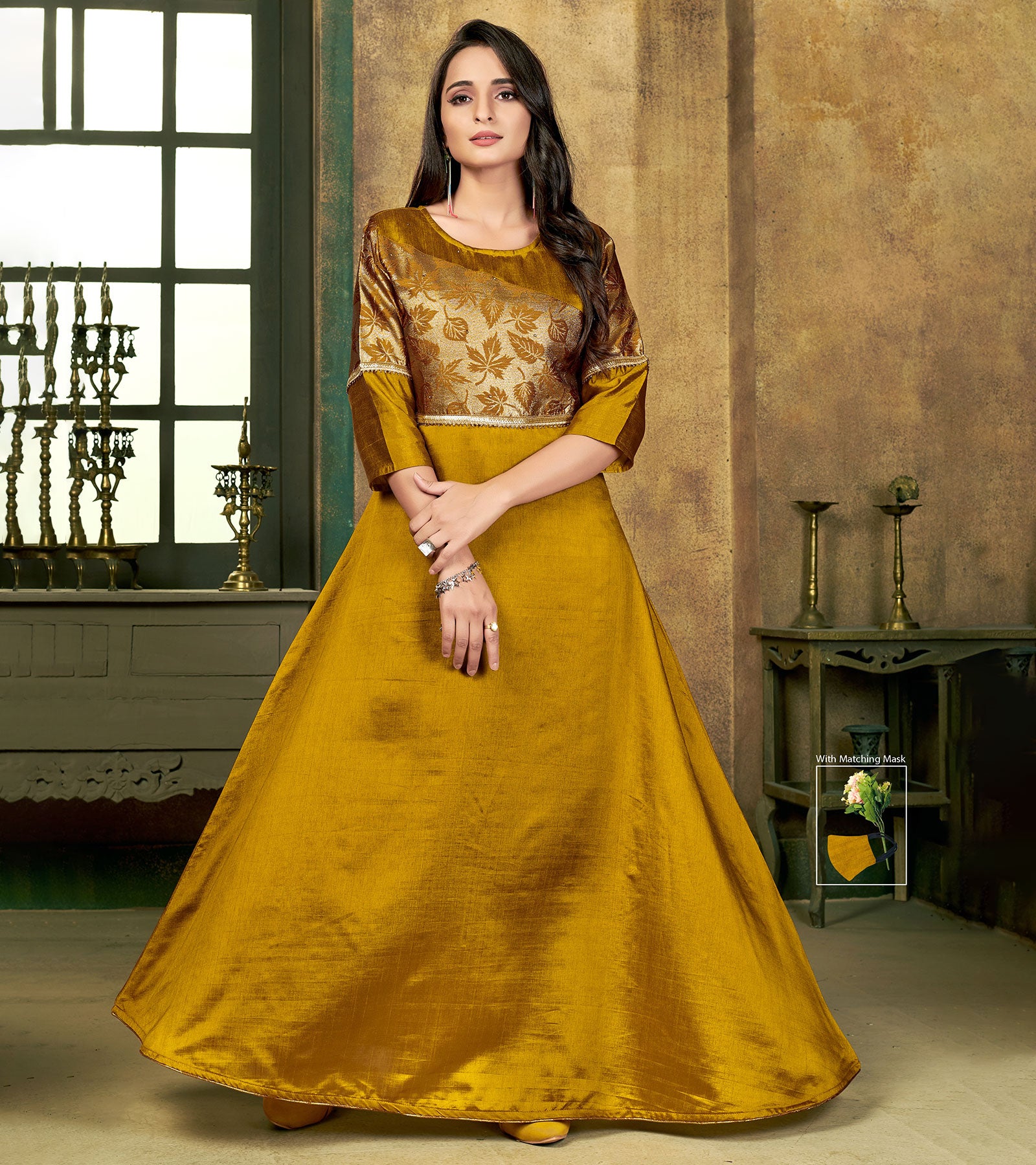 Soft Premium Net Wedding wear Gown in Golden Color with Embroidery