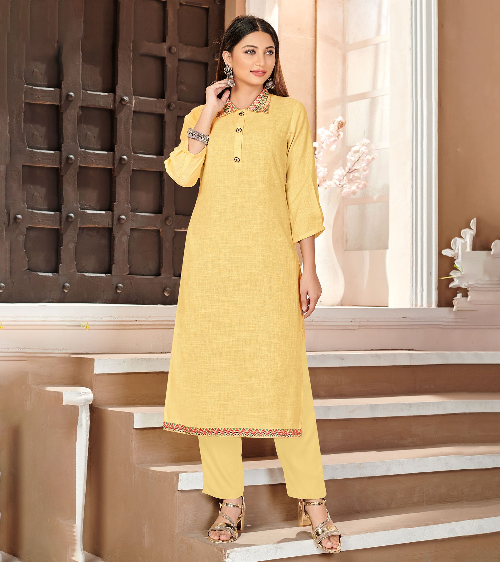 Light Yellow Dress with Sky Blue Piping | The Narration India