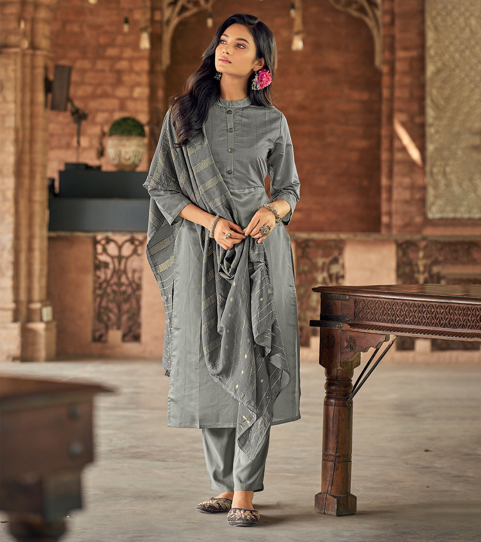 Buy KIARA ENTERPRISE Women's Straight Chanderi Silk Stitched Kurti with  Dupatta (Green) Size Large at Amazon.in