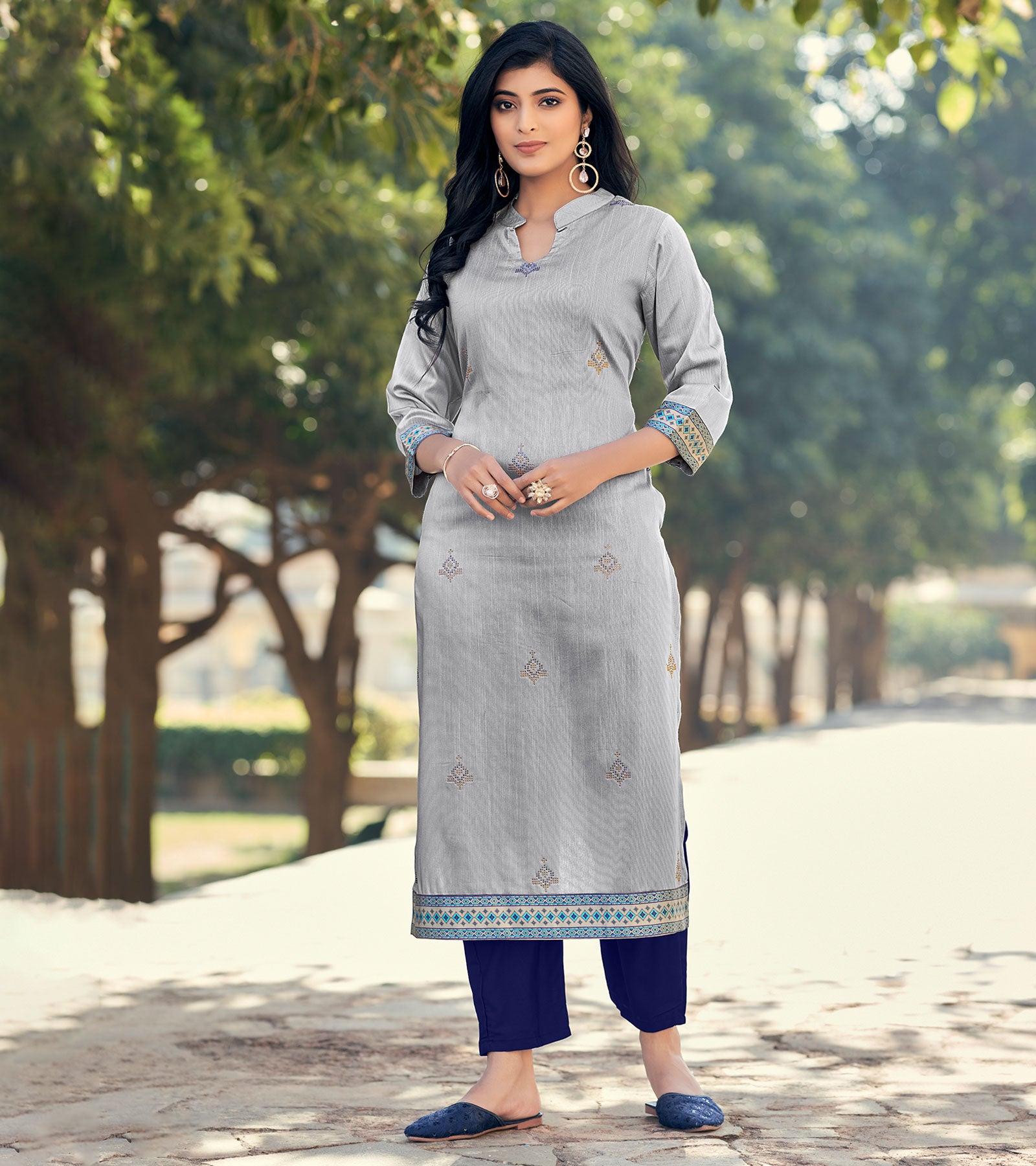 Buy Outluk Traditional Indian Grey Colour Kurti With Embroidery Work And  Raymond Cotton Pant set Online at Best Prices in India - JioMart.