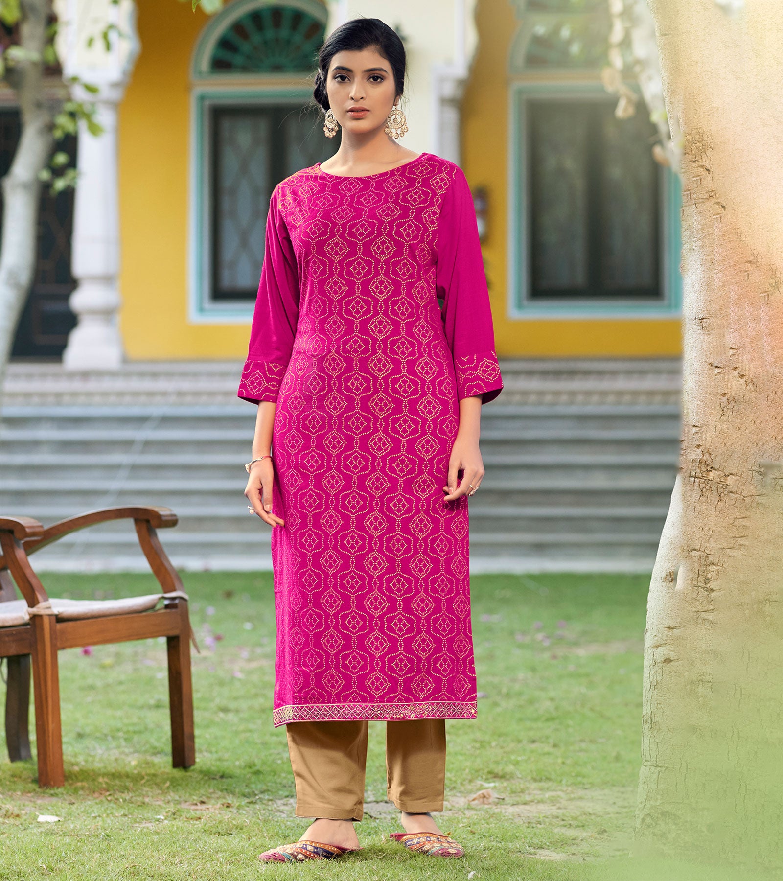 Women's Rayon Straight Stitched Rani Color Kurti