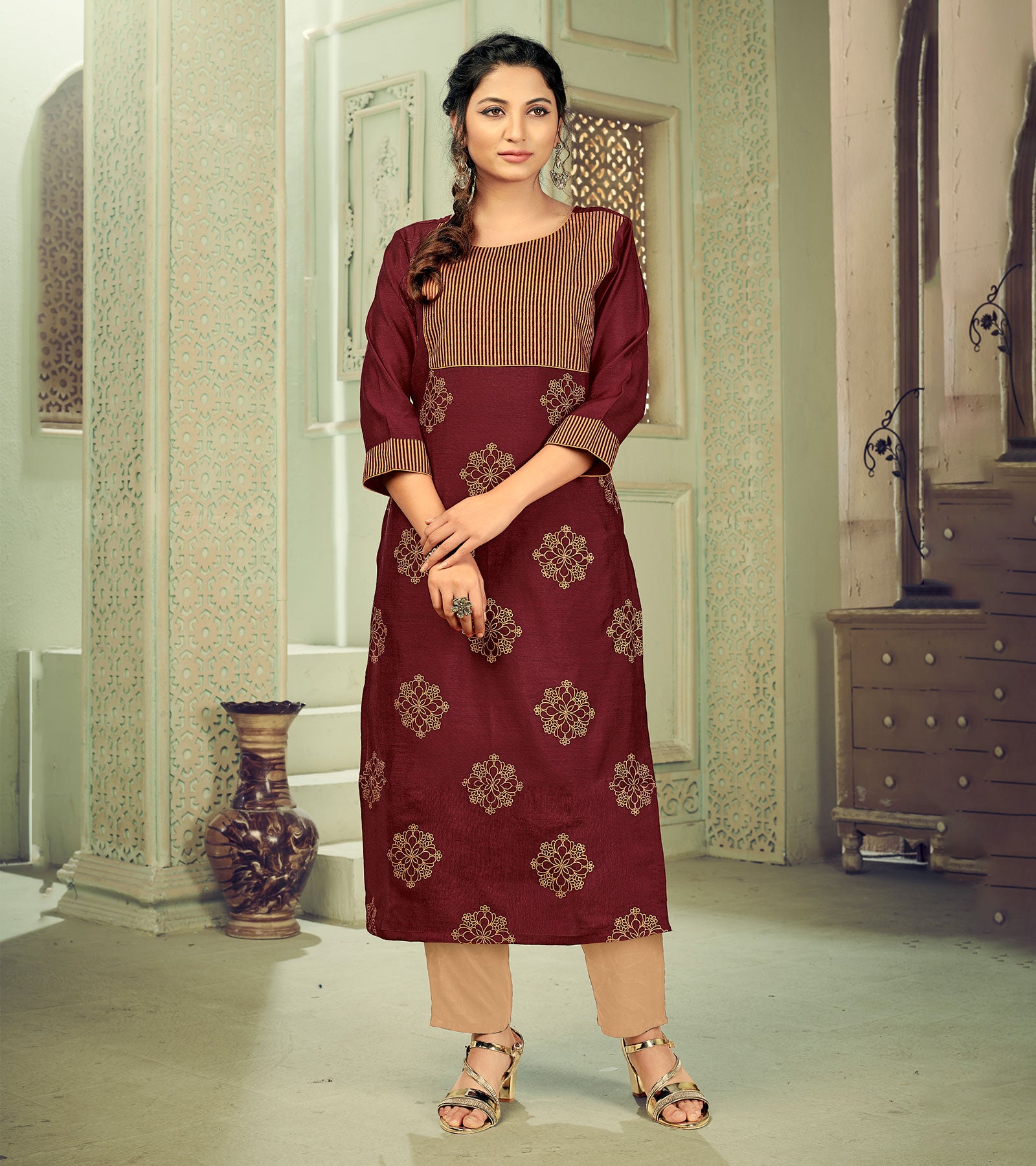 Buy Maroon Designer Readymade Party Wear Kurti With Palazzo | Party Wear  Kurtis