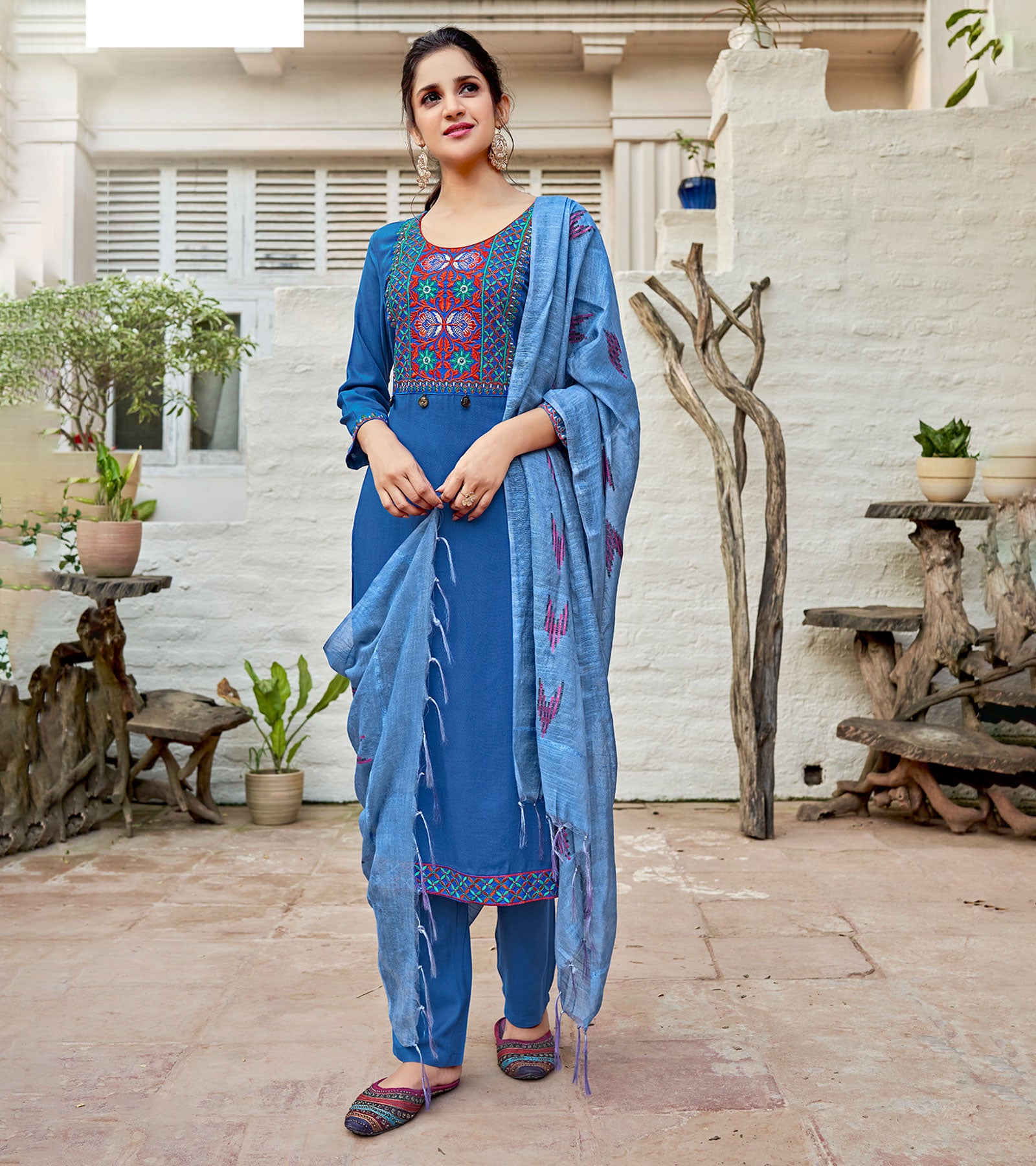 Solid Color Rayon A Line Kurti in Royal Blue : TVE1265