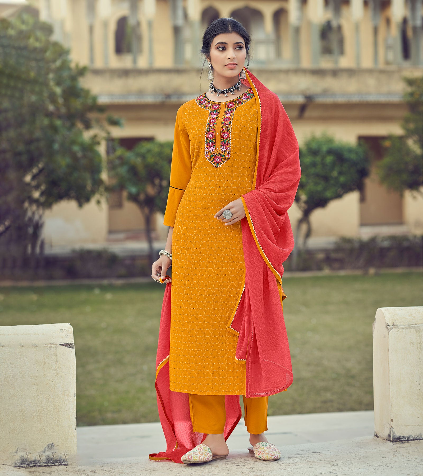 Red & Yellow Solid Regular Kurta with Trousers & Dupatta - SheWill - 3687758