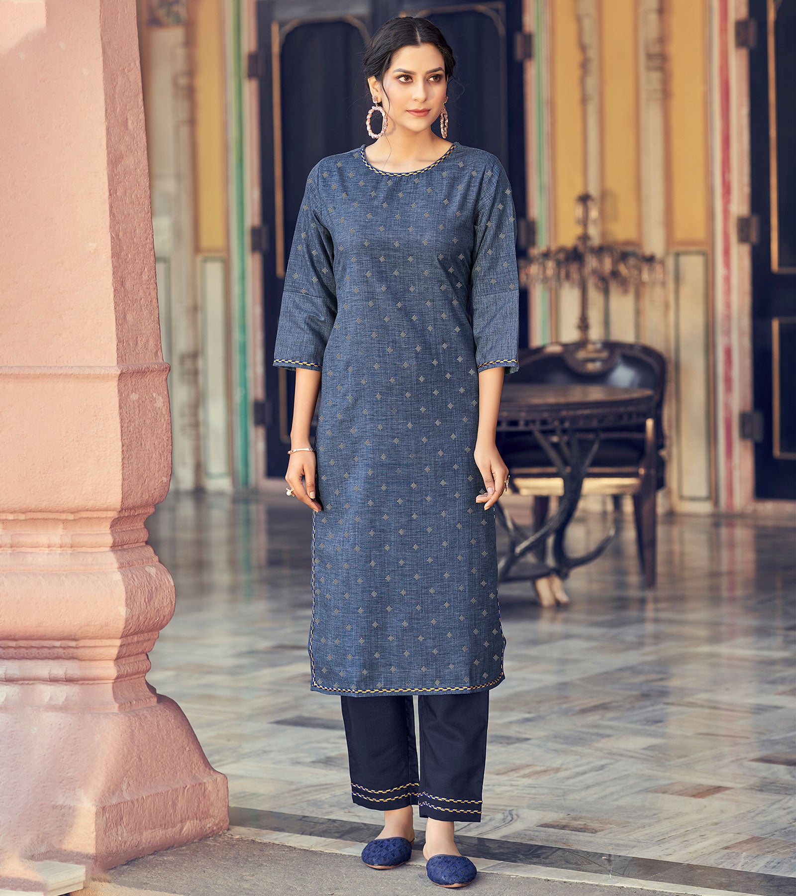 Fashion Sky Blue Printed & Embroidered Cotton Kurta With Pant | Bhadar