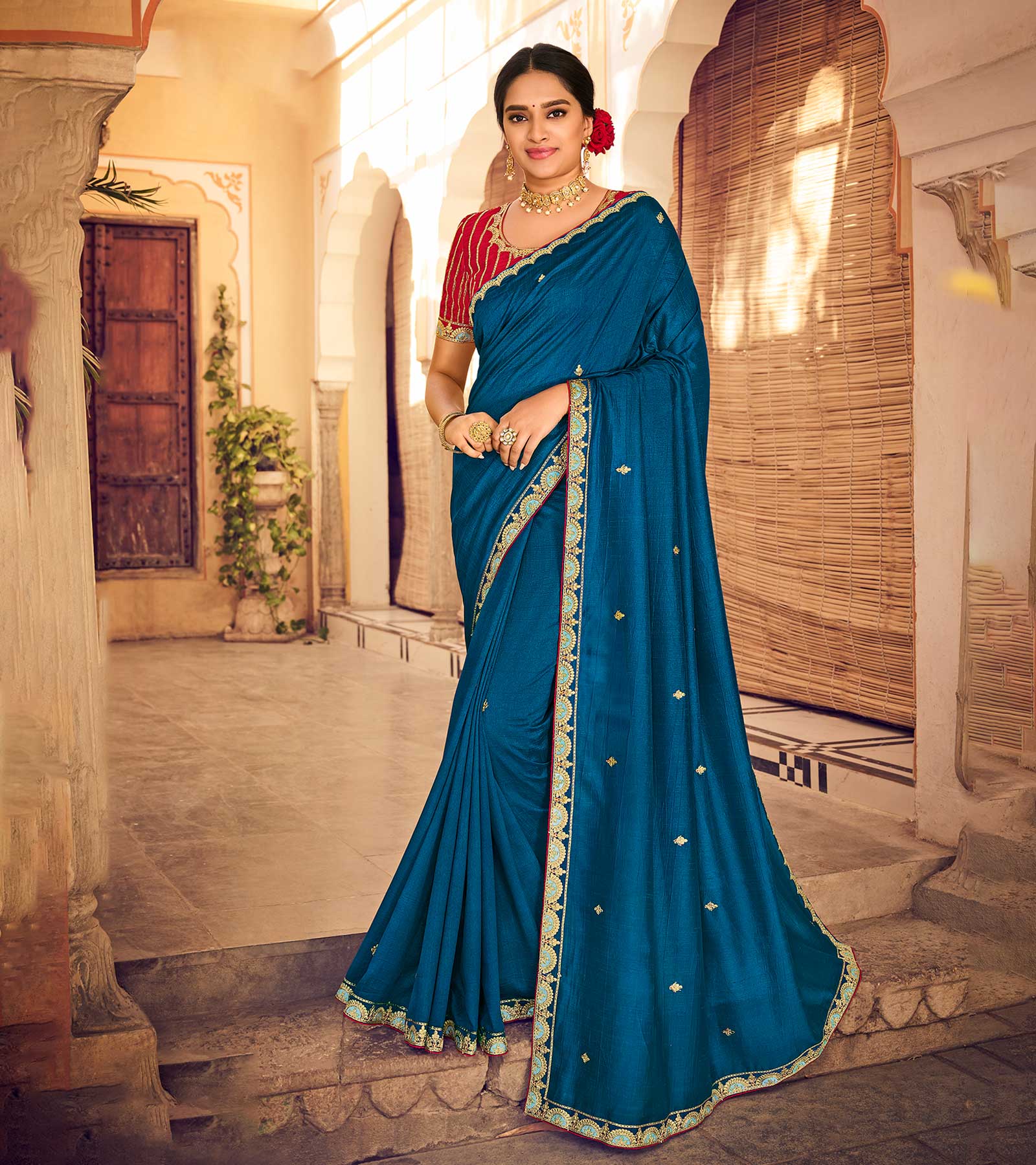 Heavenly Nora Fatehi In Peacock Blue Color Designer Printed Saree