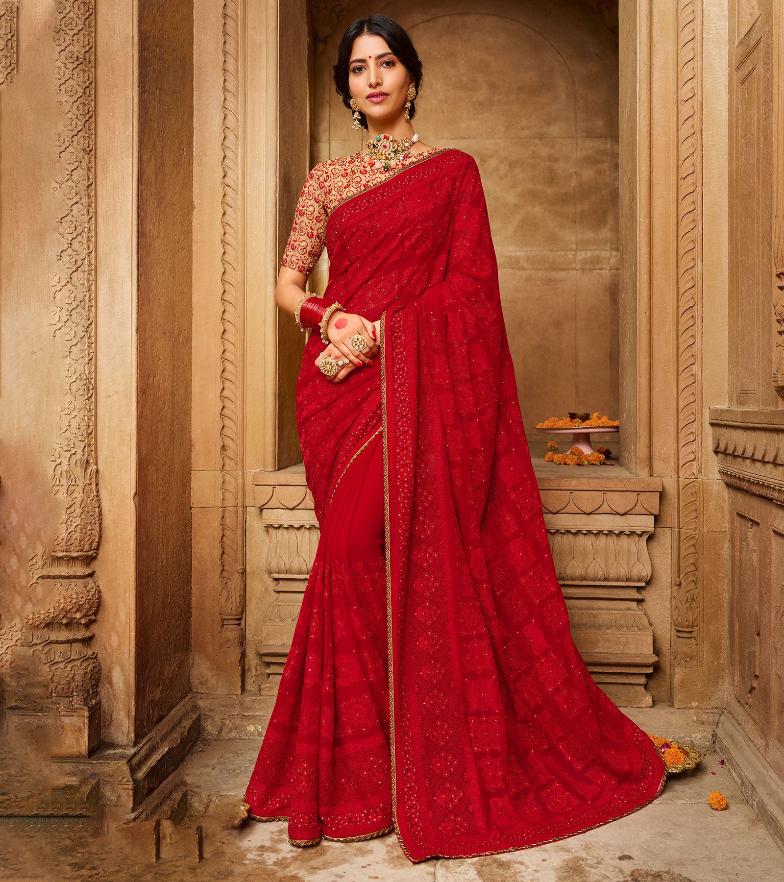 Red Fancy Satin Georgette Heavy Thread Embroidery Cut work with stone work  Saree with Blouse » BRITHIKA Luxury Fashion