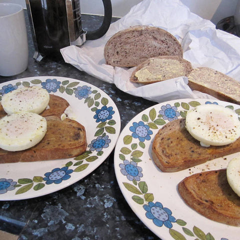 Black pudding bread with Poached Eggs