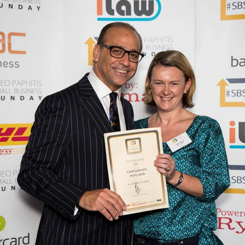 Carol Lewcock, owner of mrs L cards with Theo Paphitis