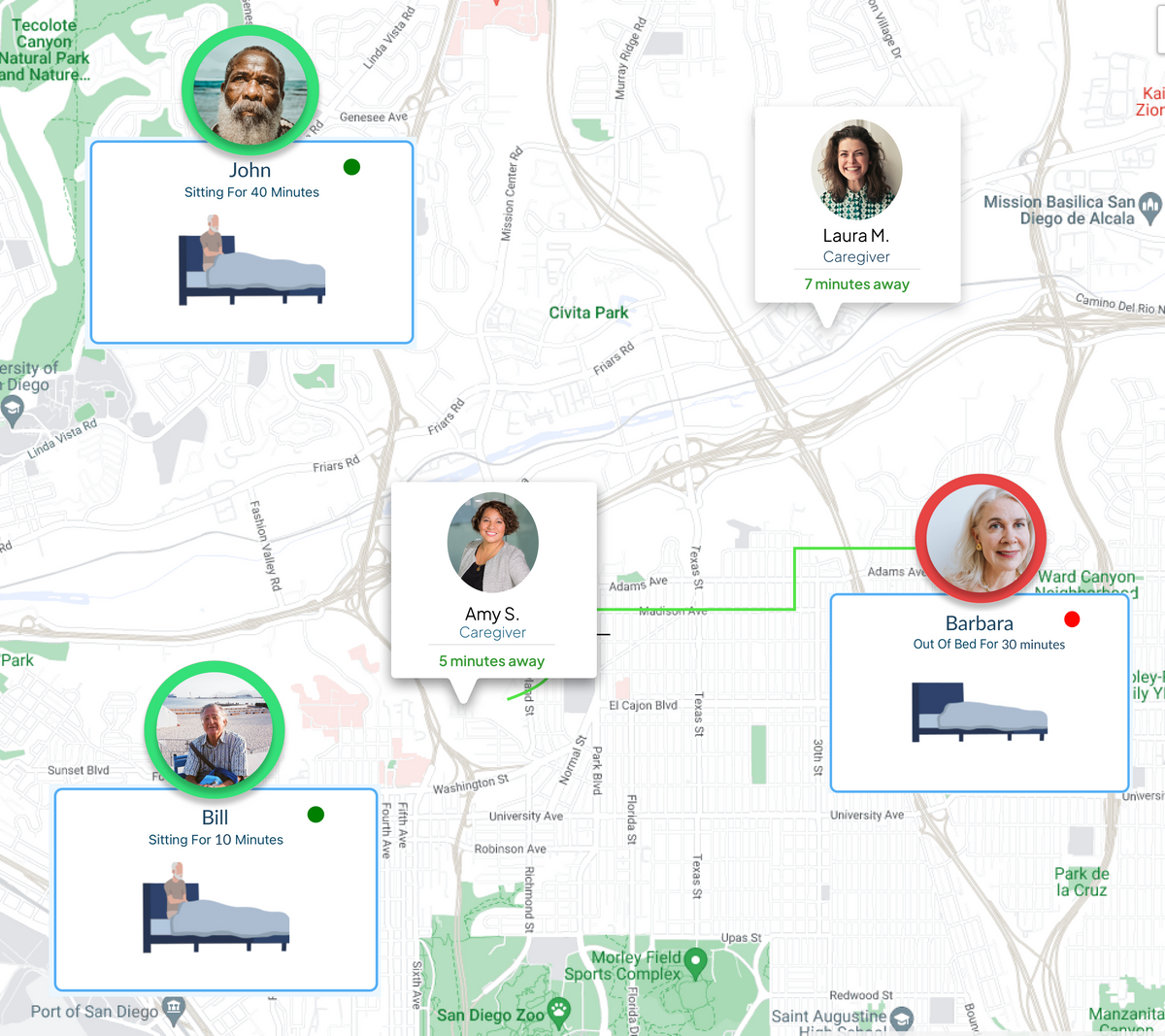 Map with connecting loved ones with caregivers