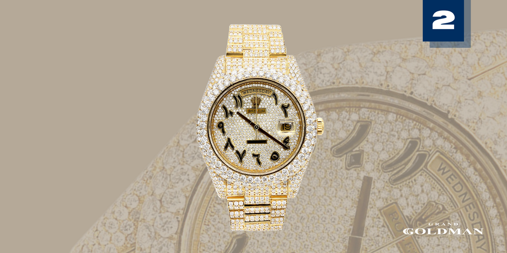 Rolex Day-Date en or glacé 18 carats avec cadran arabe - Éblouissante et intemporelle : 49 meilleures montres en diamant que vous pouvez acheter aujourd'hui - GRANDGOLDMAN.COM
