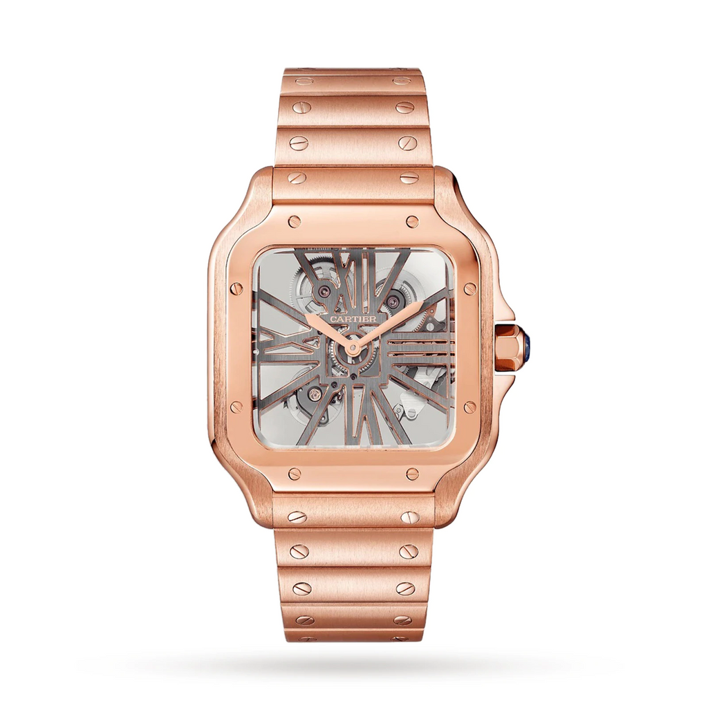 Montre Santos de Cartier squelette en or rose | 28 meilleures montres en or pour hommes Cartier pour reprendre le temps que vous avez perdu - GRANDGOLDMAN.COM