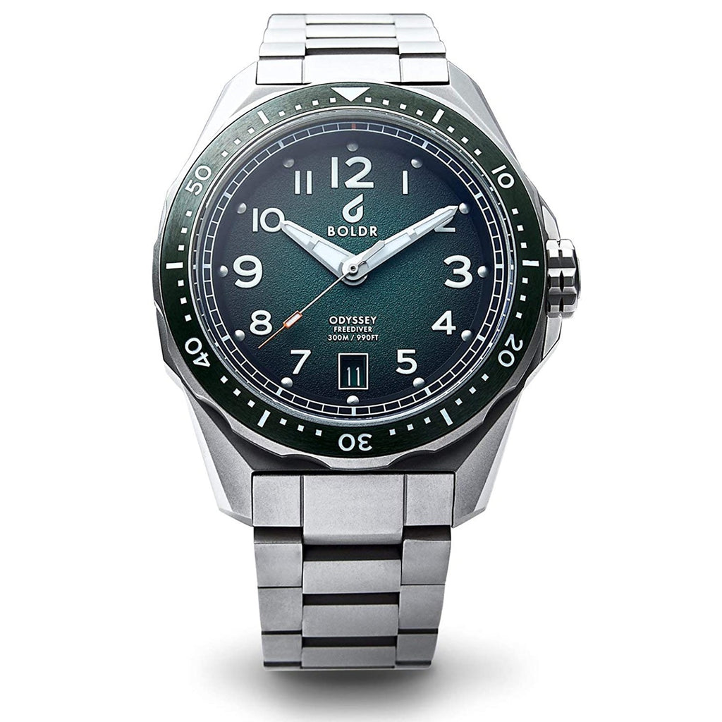 BOLDR Odyssey Freediver Montre-bracelet de plongée automatique verte | 202 - Meilleures montres de plongée de luxe pour hommes des profondeurs - GRANDGOLDMAN.COM