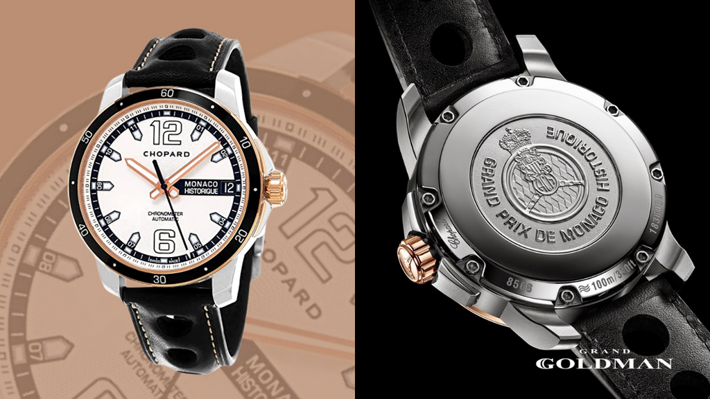 Montre Chopard, Grand Prix de Monaco Historique - Collage sur fonds marron et noir - 25 meilleures montres de luxe à moins de 10 000 USD dans lesquelles investir maintenant - GRANDGOLDMAN.COM