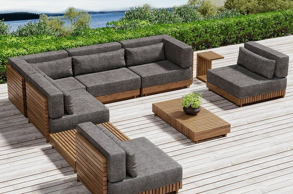 JiuZhuo 9 Pieces Outdoor Patio Furniture Sectional Conversation Set Modern L Shape Teak Outdoor Sectional Sofa Set with Wood Coffee Table in Gray(6-Pieces Sofa and 3-Pieces Table) - The Best Outdoor Sectionals to Make your Patio a Cosy Lounge taxhvn.com
