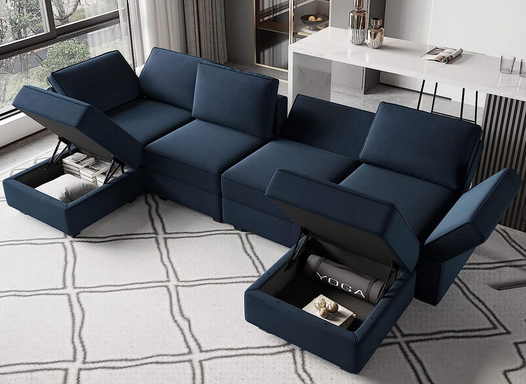 Belffin Modular Sectional Sofa U Shaped Velvet Couch with Reversible Chaise Modular Oversized Couch Sectional Sofa with Ottoman Blue - 24 Smart Reversible Couches & The Best Sofa Bed Online - TAX HAVEN - TAXHVN.COM