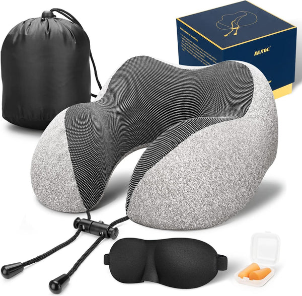 MLVOC Oreiller de voyage 100 % mousse à mémoire de forme pure, housse confortable et respirante – Lavable en machine, kit de voyage en avion avec masque de sommeil 3D, bouchons d'oreilles et sac de luxe, gris