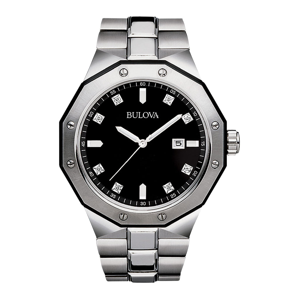 Bulova Montre à quartz classique à 3 aiguilles pour homme en acier inoxydable avec diamants et date du jour, 44 mm