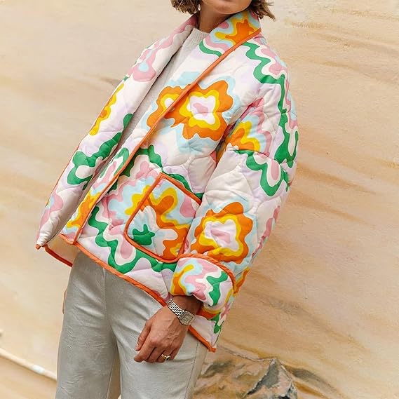 Duyang Veste courte matelassée légère à imprimé floral pour femme - Manteau matelassé ouvert sur le devant - Vêtements d'hiver chauds - TENUES D'HIVER