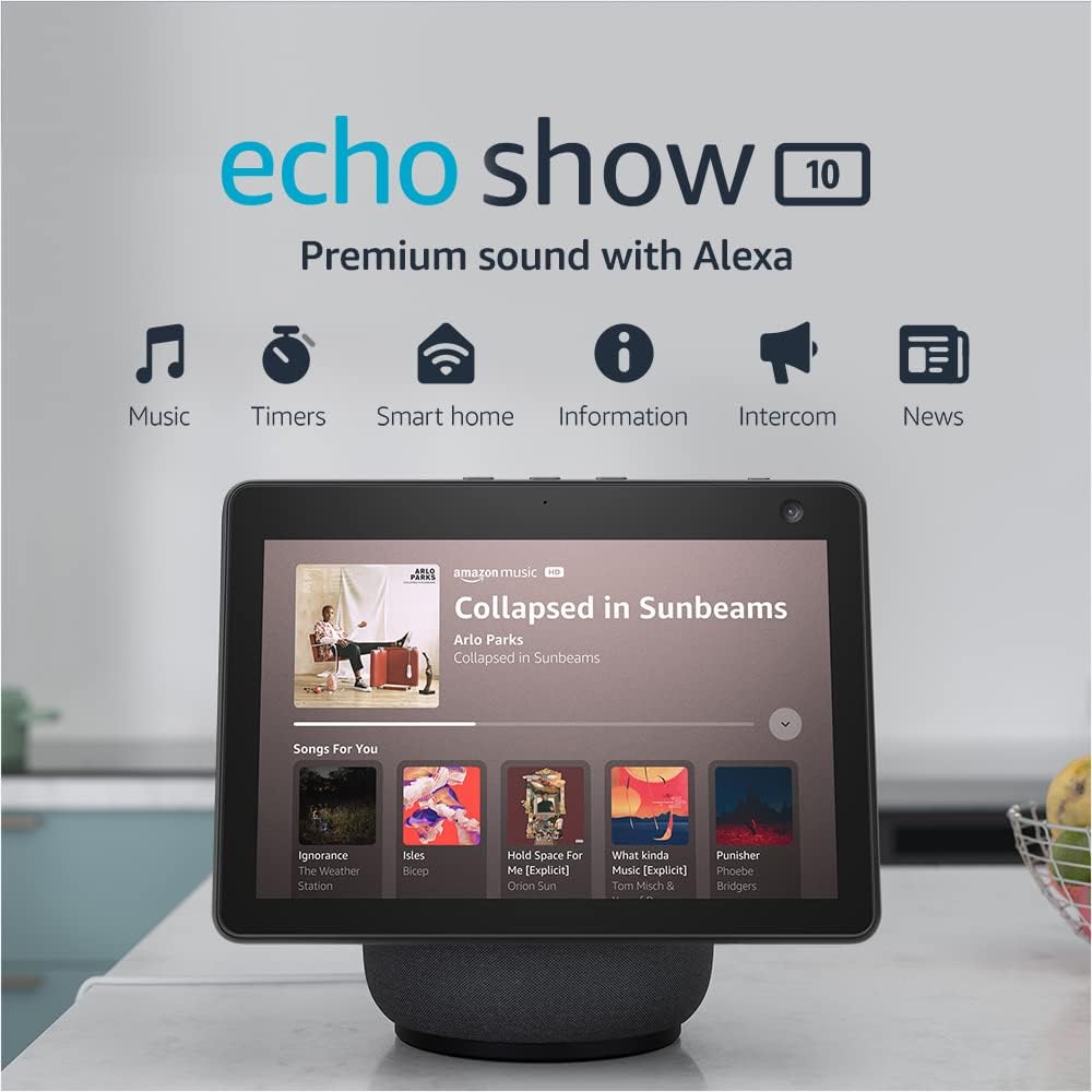 Echo Show 10 (3rd Gen)  HD smart display with premium sound, motion and Alexa  Charcoal- Best smart home hub for apple products - grandgoldman.com