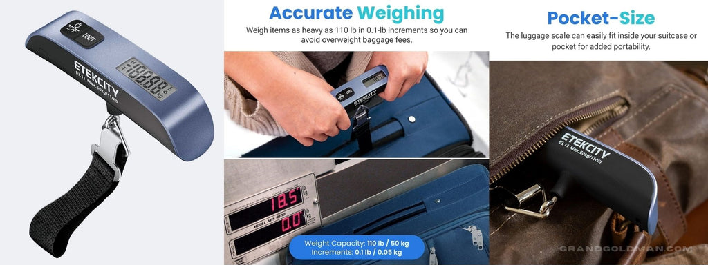 Etekcity Luggage Scale, Travel Essentials, Digital Suitcase Weight Scales for Travel Accessories, Hanging Baggage Scale with Temperature Sensor, Rubber Paint, 110 Pounds, Battery Included, Blue
