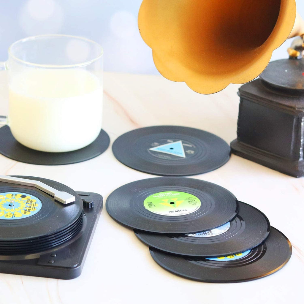 Funny Retro Record Coasters for Drinks with Vinyl Player Holder - Best weird gift ideas and stuff on amazon - weird gift website weird gift cards weird gift for friend - grandgoldman.com