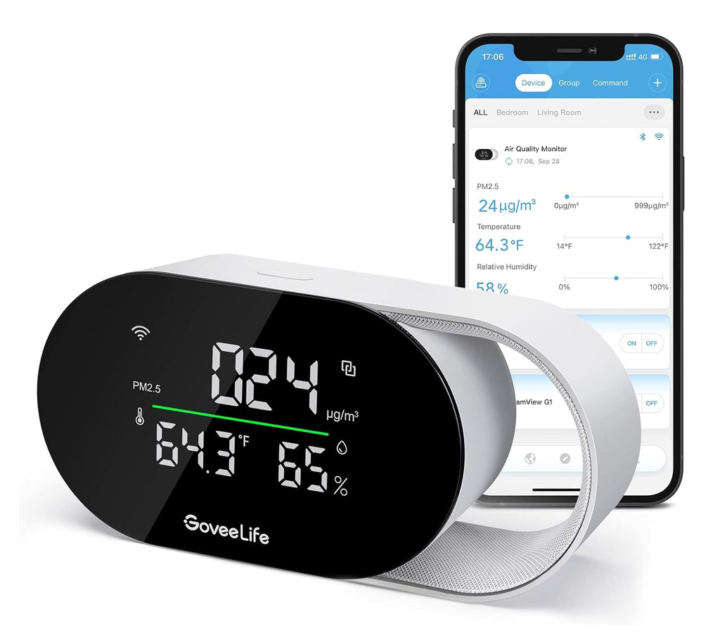 GoveeLife Smart Air Quality Monitor, Indoor Air Quality Meter Detects PM2.5, WiFi Temperature Humidity Sensor, with LED Display and Clock, 2s Refresh, 2-Year - best indoor air quality monitor - grandgoldman.com