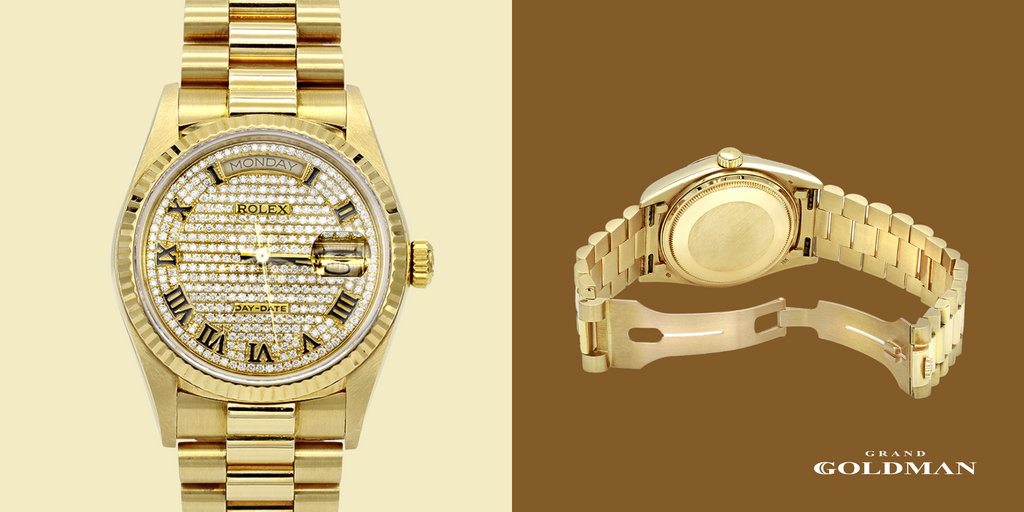 Montre Rolex President en or jaune 18 carats avec diamant pour homme 1 carat 36 mm - Éblouissante et intemporelle : 49 meilleures montres en diamant que vous pouvez acheter aujourd'hui - GRANDGOLDMAN.COM