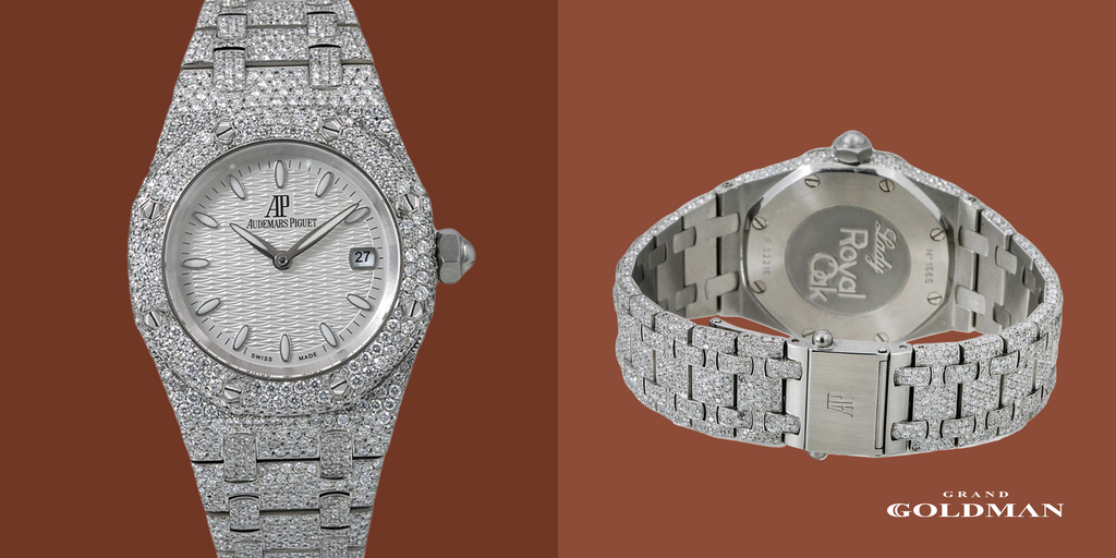 Cadran blanc 33 mm Montre Audemars Piguet Royal Oak pour femme avec diamant 11,75 ct - Éblouissante et intemporelle : 49 meilleures montres en diamant que vous pouvez acheter aujourd'hui - GRANDGOLDMAN.COM
