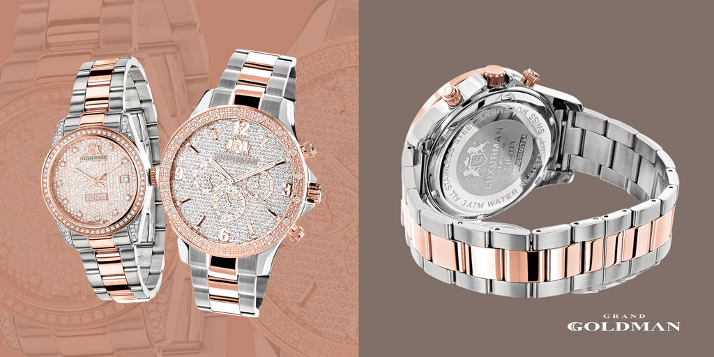 Assorti à elle et à lui, ensemble de montres Luxurman en or rose avec diamants de 1,7 ct - Éblouissantes et intemporelles : 49 meilleures montres en diamant que vous pouvez acheter aujourd'hui - GRANDGOLDMAN.COM