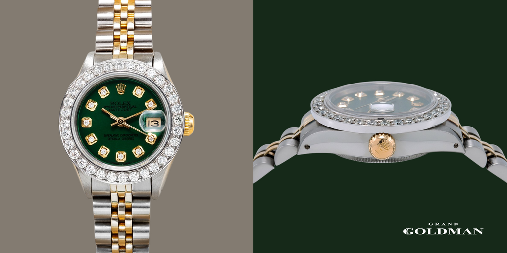 Montre Rolex Datejust pour femme avec lunette en diamant 26 mm en or 18 carats 179173 Cadran vert - Éblouissante et intemporelle : 49 meilleures montres en diamant que vous pouvez acheter aujourd'hui - GRANDGOLDMAN.COM