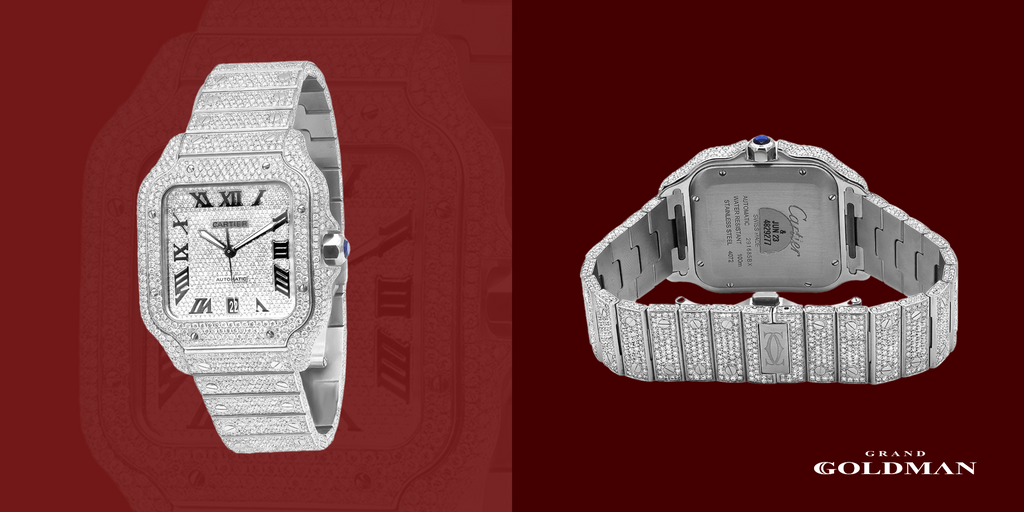 Montre Cartier Santos en diamant entièrement glacé de 40 mm pour hommes et femmes 25 carats - Éblouissante et intemporelle : 49 meilleures montres en diamant que vous pouvez acheter aujourd'hui - GRANDGOLDMAN.COM